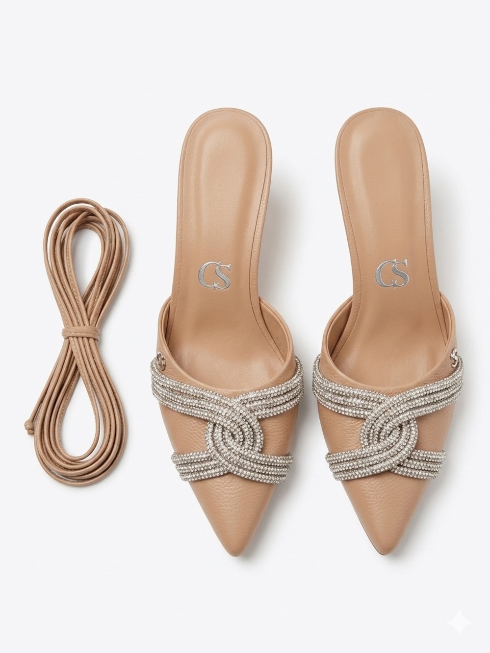 Carmen Steffens Nude Leather Rhinestone Lace Up Pointed Toe Heels Size US 7.5